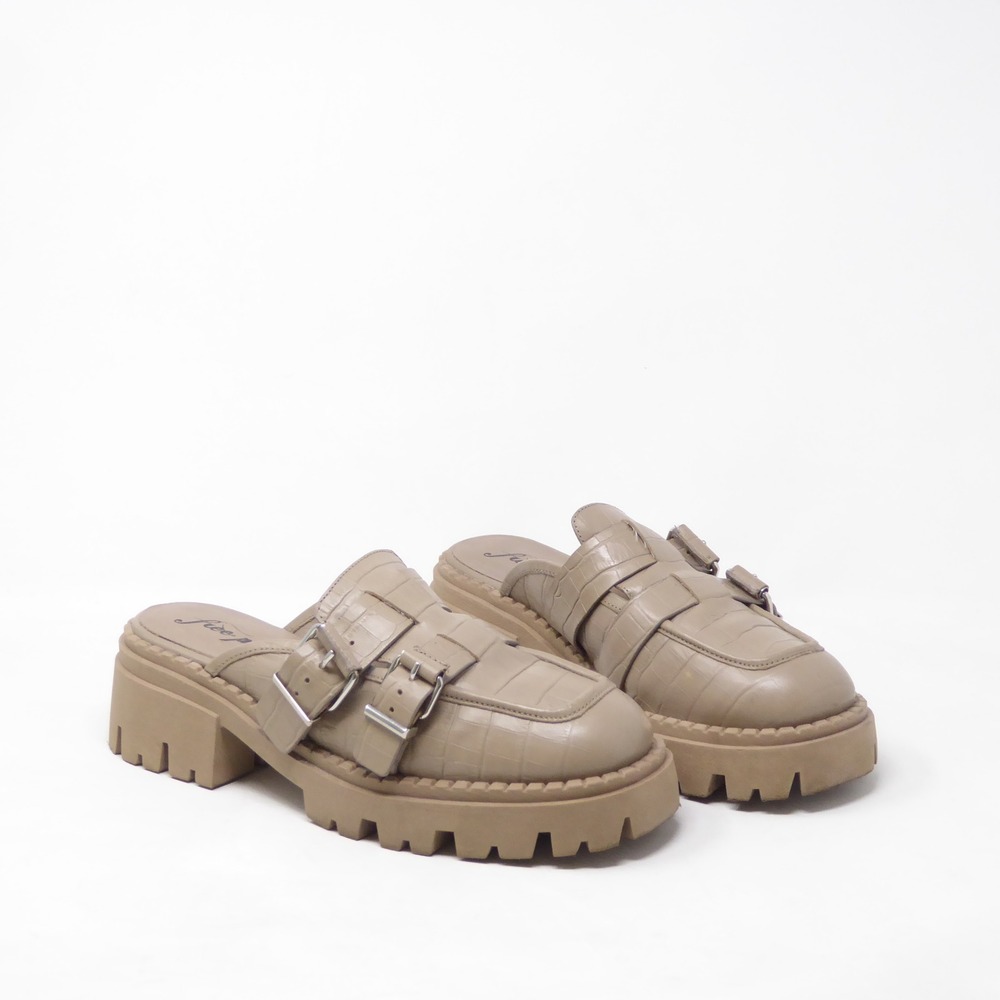 Free People Womens Lyra Lug Mules Tan Croc Embossed Buckle Platform 40 / 9.5
